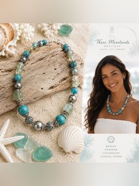 Coastal Turquoise Beaded Statement Necklace | Sea Glass Blue Silver Boho Jewelry